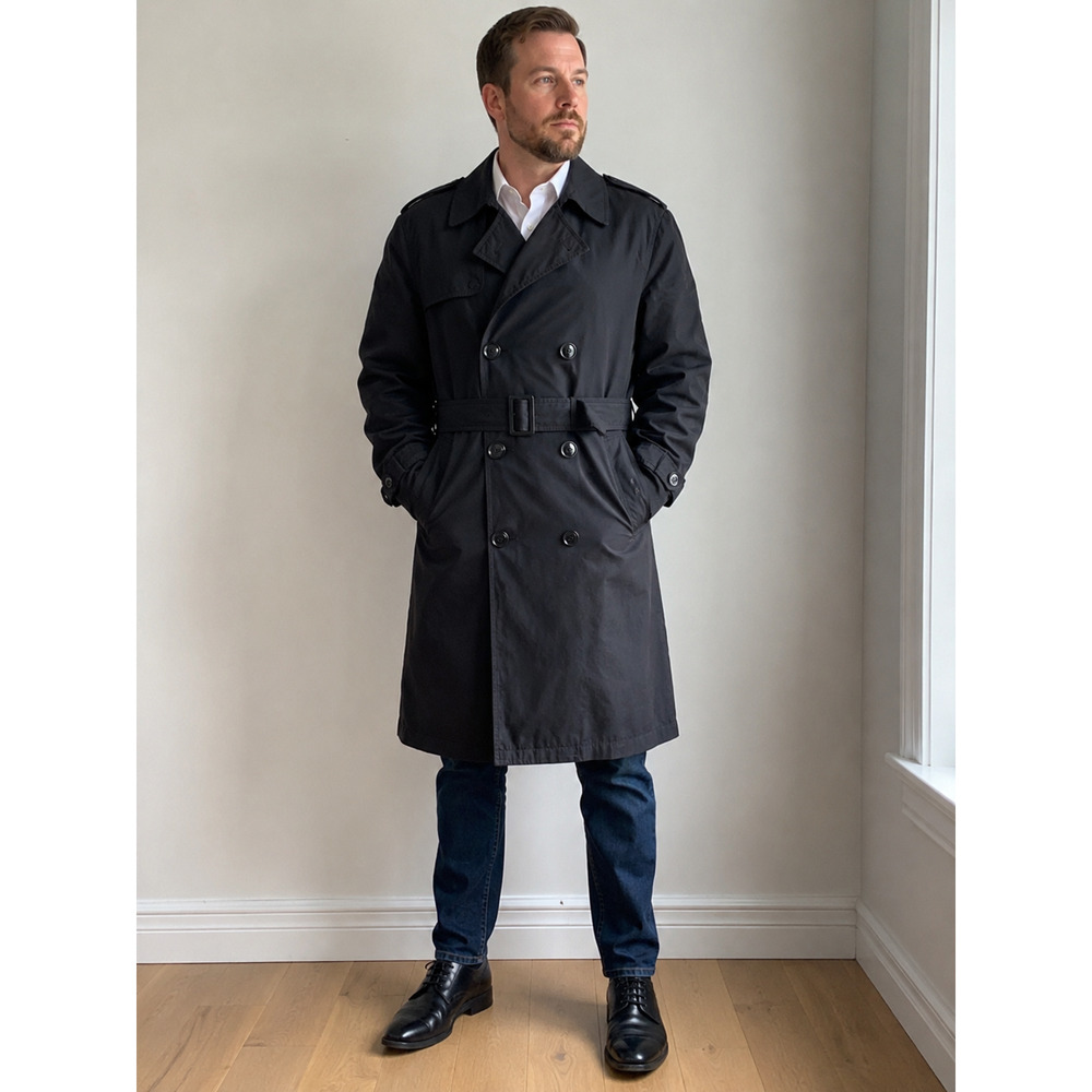 Men's Black Trench Coat 42S Double Breasted Removable Zip Liner All Weather Coat